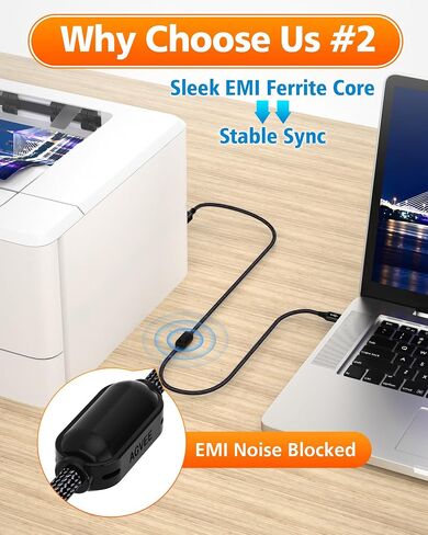 كابل طابعة AGVEE بطول 6.6 قدم USB-A، سلك كابل USB إلى B MIDI، بيانات ثابتة مضفرة لطابعة HP Canon Epson Brother، بيانو، أداة ميدي، تسجيل واجهة الصوت، أسود in Kuwait