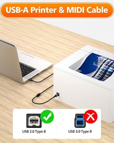 كابل طابعة AGVEE بطول 6.6 قدم USB-A، سلك كابل USB إلى B MIDI، بيانات ثابتة مضفرة لطابعة HP Canon Epson Brother، بيانو، أداة ميدي، تسجيل واجهة الصوت، أسود in Kuwait