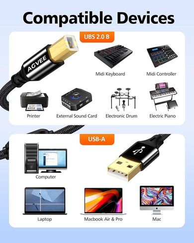كابل طابعة AGVEE بطول 6.6 قدم USB-A، سلك كابل USB إلى B MIDI، بيانات ثابتة مضفرة لطابعة HP Canon Epson Brother، بيانو، أداة ميدي، تسجيل واجهة الصوت، أسود in Kuwait