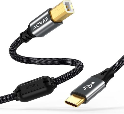 كابل طابعة AGVEE بطول 6.6 قدم USB-A، سلك كابل USB إلى B MIDI، بيانات ثابتة مضفرة لطابعة HP Canon Epson Brother، بيانو، أداة ميدي، تسجيل واجهة الصوت، أسود in Kuwait
