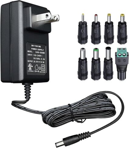 6FT UL Listed 24V 0.5A 500mA 12W Power Supply Adapter with 8 Tips for Essential Oil Diffuser, LED Light Strip, Aromatherapy, Humidifier, Nail Lamp, Ring Door Bell, Massage Gun, Soundbar, etc in Kuwait