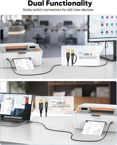 USB Printer Cable 6 Feet 2-in-1 USB B to USB C/A, High Speed Printer Cord Nylon Braided MIDI Cable Compatible with HP/Dell/Brother/Epson/Piano, Computer, MacBook Pro/Air, iPad, and More in Saudi Arabia