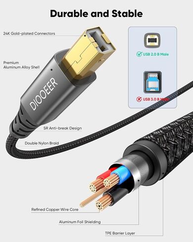 USB Printer Cable 6 Feet 2-in-1 USB B to USB C/A, High Speed Printer Cord Nylon Braided MIDI Cable Compatible with HP/Dell/Brother/Epson/Piano, Computer, MacBook Pro/Air, iPad, and More in Saudi Arabia