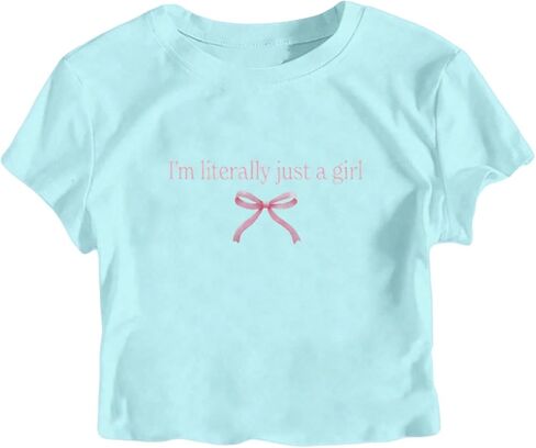 QJQ Girl's Bow Letter Graphic T Shirts Short Sleeve Crewneck Crop Tops Tees Summer Trendy Preppy Clot in Kuwait