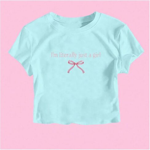 QJQ Girl's Bow Letter Graphic T Shirts Short Sleeve Crewneck Crop Tops Tees Summer Trendy Preppy Clot in Kuwait