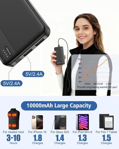 5V 2A Battery Pack Power Bank for Heated Vest, Heated Jackets, Heated Pants, 10000mAh Packet Size Portable Charger for Heated Clothing, USB Heated Blankets, Heated Coats. (Black) in Saudi Arabia