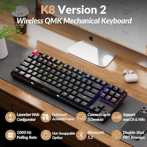 Keychron K8 الإصدار 2 لوحة المفاتيح الميكانيكية اللاسلكية TKL ، QMK/Launcher Bluetooth 5.2/Wired ، RGB Backlit Sheer-shourge Kears ، Super Red Switch Windows Linux (Hot-swappable) in Kuwait