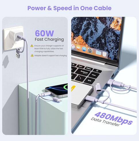 سلك شاحن هواء Elebase iPhone، كابل شحن 4 في 1 بطول 3.3 أقدام، سلك شاحن متعدد 60 وات مع محول USB A/Lightning لأجهزة Apple الجديدة 17 16 15 14 Pro Max Plus، Samsung Galaxy S25 S24 S23 Ultra Plus، Z Flip Fold in Kuwait