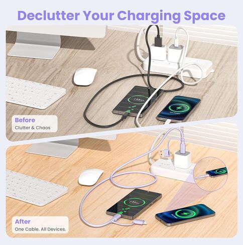 سلك شاحن هواء Elebase iPhone، كابل شحن 4 في 1 بطول 3.3 أقدام، سلك شاحن متعدد 60 وات مع محول USB A/Lightning لأجهزة Apple الجديدة 17 16 15 14 Pro Max Plus، Samsung Galaxy S25 S24 S23 Ultra Plus، Z Flip Fold in Kuwait