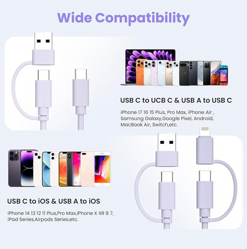 سلك شاحن هواء Elebase iPhone، كابل شحن 4 في 1 بطول 3.3 أقدام، سلك شاحن متعدد 60 وات مع محول USB A/Lightning لأجهزة Apple الجديدة 17 16 15 14 Pro Max Plus، Samsung Galaxy S25 S24 S23 Ultra Plus، Z Flip Fold in Kuwait