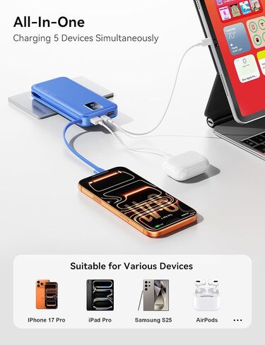 شاحن محمول، بطارية احتياطية للشحن السريع بقدرة 12000 مللي أمبير في الساعة بقدرة 22.5 وات مع كابلات مدمجة ومقبس حائط، حزمة بطارية أساسية للسفر مع شاشة LED، بنك بطارية خارجي USB C لأجهزة iPhone iPad وSamsung Green in Kuwait