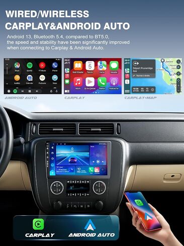 5G WiFi(6) Car Radio for GMC Yukon Chevrolet Chevy Silverado 2007-2013 Tahoe Sierra Android13/Wireless CarPlay/Android Auto/Touch Screen/GPS Navigation/Bluetooth/FM/HD Backup Camera (Mahogany(2+64)) in Saudi Arabia