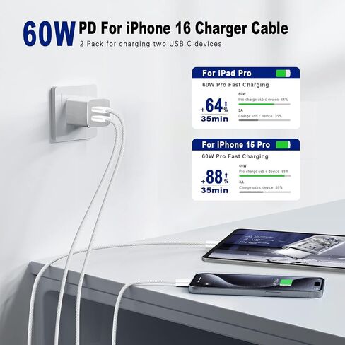 USB C to USB C Cable(3 Pack,3.3+3.3+6.6FT) Type-C to Type-C Cable 60W Braided Fast Charging Cable for iPhone 17 Pro Max/Air/17 Pro/17/iPhone 16 Pro Max/iPhone 16 Pro/15 Pro Max,iPad,Samsung-White in Saudi Arabia