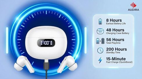 سماعات أذن لاسلكية، بلوتوث 6.0، سماعات رأس لاسلكية، شاشة LED رقمية للبطارية، سماعات أذن مقاومة للماء IPX7، وقت تشغيل لمدة 56 ساعة، وضع الاستعداد 200 ساعة، شحن من النوع C، أدوات تحكم ذكية باللمس. (أسود) in Saudi Arabia