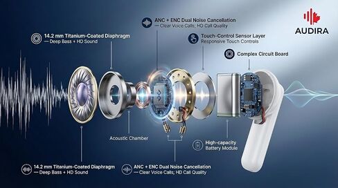 سماعات أذن لاسلكية، بلوتوث 6.0، سماعات رأس لاسلكية، شاشة LED رقمية للبطارية، سماعات أذن مقاومة للماء IPX7، وقت تشغيل لمدة 56 ساعة، وضع الاستعداد 200 ساعة، شحن من النوع C، أدوات تحكم ذكية باللمس. (أسود) in Saudi Arabia