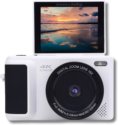كاميرا رقمية 4K للتصوير الفوتوغرافي، مع شاشة قلاب 3 180 درجة، تكبير 16X، نقطة تكبير رقمية والتقاط كامارا، كاميرا سفر مدمجة لمدونة الفيديو، للمبتدئين (أبيض) in Kuwait