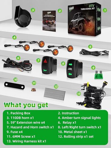 UTV Turn Sign Signal Kit ، مسبقًا مسبقًا ، توصيل وتشغيل مجموعات UNIVERAL Legal UTV Legal UTV مع مفتاح الروك ، ضوء الخطر ، القرن 110D ، متوافق مع Polaris ، Can-AM ، Kawasaki ، CFMOTO in Kuwait
