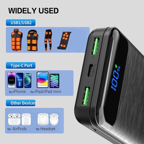JIAE Heated Vest Battery Pack, 2 Pack 10000mAh Compatible for ORORO/Soleiwear/TIDEWE Venustas Electric Heater Jack, 22.5W Fast Charging Phone Charger, Fit for All 5V Heated Apparels (Black) in Saudi Arabia