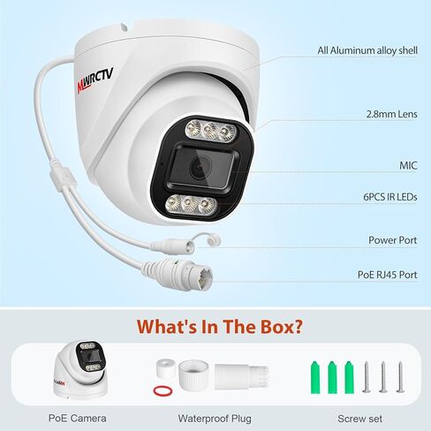 كاميرا POE IP خارجية بدقة 8 ميجابكسل، كاميرا 4K UltraHD Turret Security Dome، عدسة بزاوية واسعة 2.8 مم، اكتشاف الإنسان والمركبات بالذكاء الاصطناعي، رؤية ليلية ملونة ذكية، مدمجة في الميكروفون، حافظة معدنية كاملة متوافقة مع NVR RTSP in Kuwait