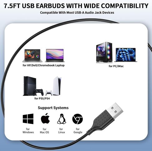 سماعات أذن USB مع كتم صوت للميكروفون للكمبيوتر الشخصي، سماعات رأس سلكية USB للكمبيوتر الشخصي مع ميكروفون ووضع 3EQ، سماعات أذن ستيريو بسلك طويل 7.5 قدم لإلغاء الضوضاء لأجهزة الكمبيوتر المحمول HP Dell Clear Call Work Office Zoom، أسود in Kuwait