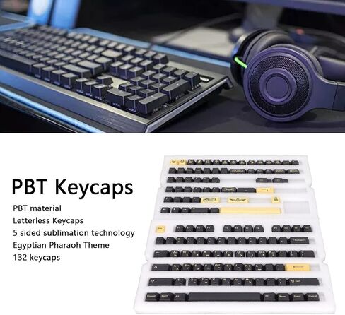 ASHATA Gaming PBT Keycaps,132 Keys Keycaps Set DIY Decorative Gaming Keycaps,Letterless Cherry Height Egyptian Pharaoh Theme,for Mechanical Keyboard in Saudi Arabia