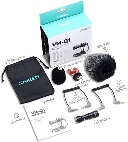 ميكروفون فيديو SAIREN VM-Q1 Shotgun، ميكروفون تسجيل مدمج على الكاميرا، مع واقي أمامي للصدمات DeadCat، عالمي لهاتف iPhone Samsung الذكي؛ كاميرا سوني/كانون/نيكون؛ دي جيه اي اوسمو موبايل 3 جيمبال in Saudi Arabia