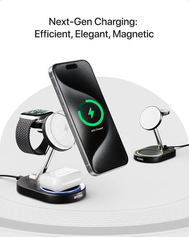 محطة شحن لشاحن MagSafe، محطة شحن لاسلكية لشاحن iPhone MagSafe، حامل مغناطيسي سريع 3 في 1 من Intoval لهاتف iPhone 16/15/14/13 Apple Watch 10، Airpods. (أسود) in Kuwait