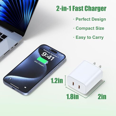 شاحن iPhone 17/16/15/14/13/12 شحن سريع، قابس منافذ مزدوجة 2 في 1 مع سلك كابل طويل من النوع C & Lightning بطول 6/10 أقدام، شواحن من النوع C لأجهزة iPhone 16e، 16/15 Plus، 17 Air، 17/16/15 Pro، Pro MAX، Pad in Saudi Arabia