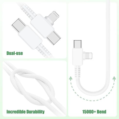 شاحن iPhone 17/16/15/14/13/12 شحن سريع، قابس منافذ مزدوجة 2 في 1 مع سلك كابل طويل من النوع C & Lightning بطول 6/10 أقدام، شواحن من النوع C لأجهزة iPhone 16e، 16/15 Plus، 17 Air، 17/16/15 Pro، Pro MAX، Pad in Saudi Arabia