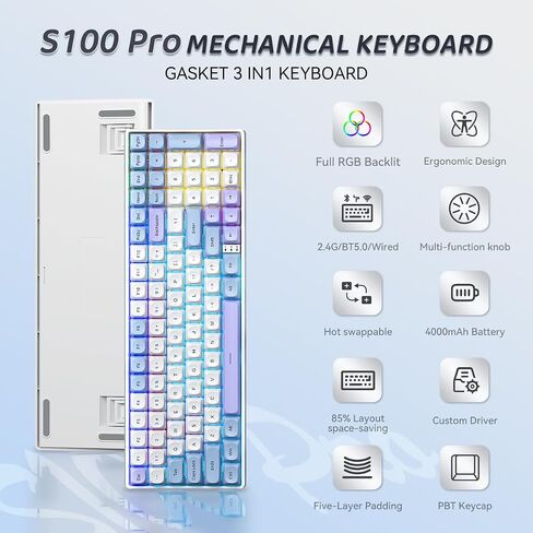 لوحة مفاتيح الألعاب اللاسلكية Aula S100 Pro، اتصال ثلاثي الأوضاع (بلوتوث/2.4 جيجا هرتز/USB-C)، لوحة مفاتيح ميكانيكية بإضاءة خلفية RGB مع لوحة أرقام، قابلة للتخصيص للكمبيوتر الشخصي وMac وXbox Gamers (مفتاح أحمر) in Kuwait