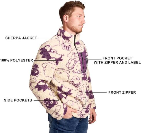 Bioworld Hello Kitty & Friends All-Over Character Print Men’s White Long Sleeve Sherpa Outerwear Jacket in Saudi Arabia