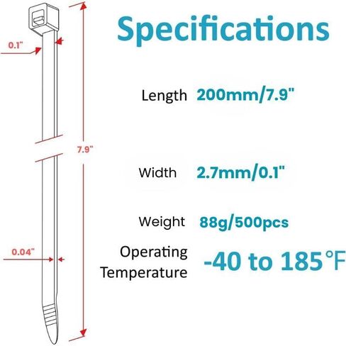 Zip Ties 7.9 Inch Nylon 25 lb Tensile Strength Black 500 Pack for Cable Management, Home Organization, Automotive and Garden Use, White in Saudi Arabia