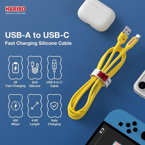 كابل Haribo USB C إلى USB A (2 حزمة، 4.9 قدم)، شحن سريع، سيليكون ناعم، أسلاك شحن USB 2.0 Gummy Bear Style لهواتف iPhone 15/16 وSamsung Galaxy وPixel وiPad وMotorola in Kuwait