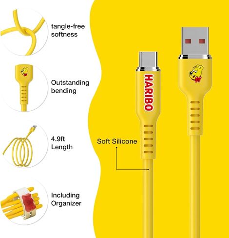 كابل Haribo USB C إلى USB A (2 حزمة، 4.9 قدم)، شحن سريع، سيليكون ناعم، أسلاك شحن USB 2.0 Gummy Bear Style لهواتف iPhone 15/16 وSamsung Galaxy وPixel وiPad وMotorola in Kuwait