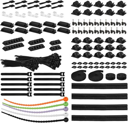 319pcs Cable Management Organizer Kit, Desk Cord Organizer, 98 Adhesive Cable Clips Holder, 17 Reusable Cable Strap, 4 Cable Sleeve Split, and 200 Nylon Cable Zip Ties (Black) in Kuwait