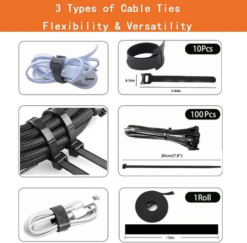 319pcs Cable Management Organizer Kit, Desk Cord Organizer, 98 Adhesive Cable Clips Holder, 17 Reusable Cable Strap, 4 Cable Sleeve Split, and 200 Nylon Cable Zip Ties (Black) in Kuwait