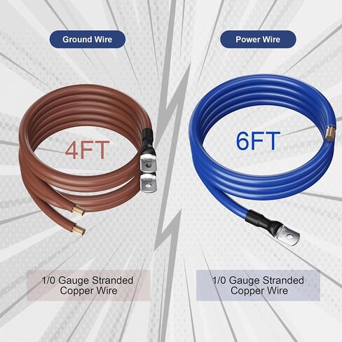مجموعة أسلاك كهربائية مطورة كبيرة 3، مواصفات حقيقية كبيرة الحجم 1/0 AWG مقياس CCA Amp، تحديث كامل للبطارية الأرضية وسلك الطاقة لأنظمة الصوت في السيارات - قائمة UL - أزرق/بني in Kuwait