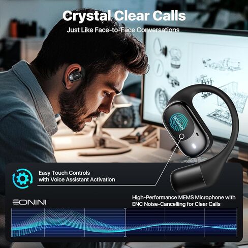 سماعات أذن مفتوحة لاسلكية بلوتوث مع شاشة عرض طاقة ذكية، وقت تشغيل 40 ساعة، مكالمات واضحة، ملاءمة آمنة، سماعات أذن رياضية مقاومة للماء IPX5 للتمرين والجري in Kuwait