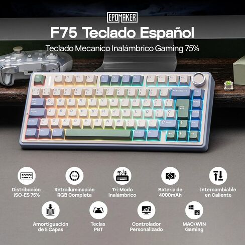 epomaker aula f75 ISO-es اللاسلكي ألعاب ميكانيكية لوحة مفاتيح ، 75 ٪ تصميم إسباني مع مقبض ، حشية كريمية ، انهيار الصوت ، RGB ، الساخنة ، Bluetooth/2.4 جيجا هرتز (البحر الأزرق البحر) in Kuwait