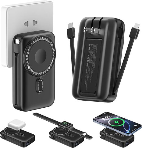 Magnetic Portable Charger 10000mAh for iPhone with Built-in Cables and Wall Plug,Wireless Power Bank with iWatch Charger,LCD Display 22.5W Fast Charging Battery Pack for iPhone 16/15/14/13/12 (Black) in Saudi Arabia