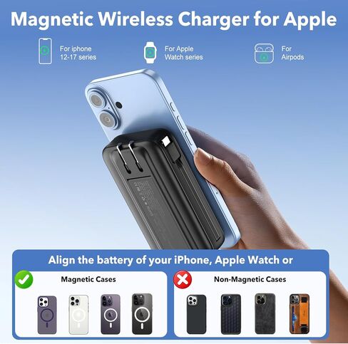 Magnetic Portable Charger 10000mAh for iPhone with Built-in Cables and Wall Plug,Wireless Power Bank with iWatch Charger,LCD Display 22.5W Fast Charging Battery Pack for iPhone 16/15/14/13/12 (Black) in Saudi Arabia