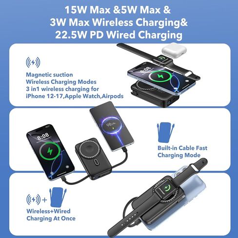 Magnetic Portable Charger 10000mAh for iPhone with Built-in Cables and Wall Plug,Wireless Power Bank with iWatch Charger,LCD Display 22.5W Fast Charging Battery Pack for iPhone 16/15/14/13/12 (Black) in Saudi Arabia