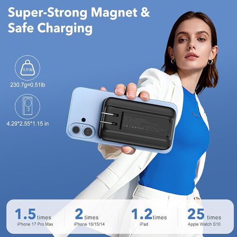 Magnetic Portable Charger 10000mAh for iPhone with Built-in Cables and Wall Plug,Wireless Power Bank with iWatch Charger,LCD Display 22.5W Fast Charging Battery Pack for iPhone 16/15/14/13/12 (Black) in Saudi Arabia