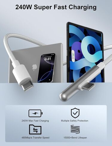 كابل USB C بطول 16 قدم شحن سريع 240 وات، كابل USB C طويل للغاية إلى USB C بطول 16 قدم من النوع C سلك بيانات شاحن الزاوية اليمنى مضفر لهاتف iPhone 17 16 Pro Max 15 iPad MacBook Pro Air Galaxy S25 S24 Ultra S23، أبيض in Kuwait
