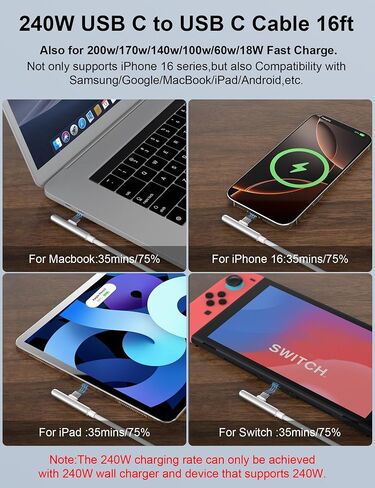 كابل USB C بطول 16 قدم شحن سريع 240 وات، كابل USB C طويل للغاية إلى USB C بطول 16 قدم من النوع C سلك بيانات شاحن الزاوية اليمنى مضفر لهاتف iPhone 17 16 Pro Max 15 iPad MacBook Pro Air Galaxy S25 S24 Ultra S23، أبيض in Kuwait