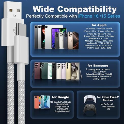 كابل USB إلى USB C بطول 3.3 أقدام، حزمة واحدة من سلك شاحن USB A إلى النوع C 60 وات شحن سريع مجدول لهاتف iPhone 17 Pro Max/Air/17 Pro/17/iPhone 16/16 Plus/16 Pro/16 Pro Max/16e/15، iPad Pro 12.9/11- أبيض in Saudi Arabia