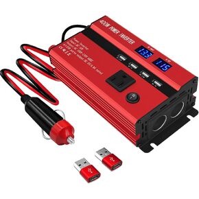 محولات طاقة 400 واط للمركبات، محولات طاقة السيارة، تيار مستمر 12 فولت إلى 110 فولت تيار متردد، منفذ محول قابس السيارة مع 2 نوع C (مزود بمنفذين USB)، شاحن سريع للهاتف والكمبيوتر المحمول (أحمر، 1200 واط) in Kuwait