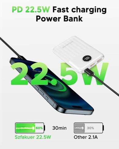 Portable Charger,Ultra Slim 10000mAh 22.5W Power Bank,USB C in/Output Fast Charging Mini Battery Pack Compatible with iPhone 16 15 14 Samsung S23 S22 S21 Google iPad etc (White) in Saudi Arabia