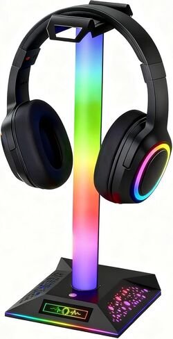 RGB Gaming Headset Stand, LED Headset Holder with 3 Charging Ports (2 USB & 1 Type-C) & 10 Lighting Modes, Headphone Stand Cool Stuff for Boys, Desk PC Gaming Accessories Gifts for Gamers Men Adult in Saudi Arabia