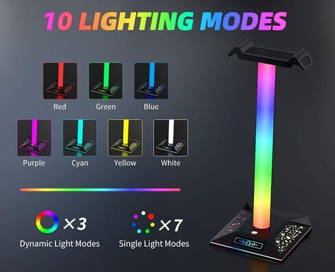 RGB Gaming Headset Stand, LED Headset Holder with 3 Charging Ports (2 USB & 1 Type-C) & 10 Lighting Modes, Headphone Stand Cool Stuff for Boys, Desk PC Gaming Accessories Gifts for Gamers Men Adult in Saudi Arabia